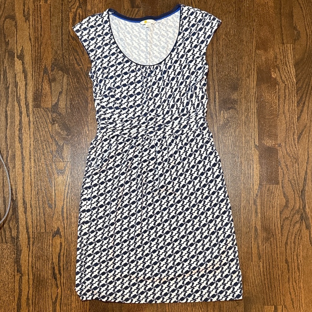 Boden Margot Jersey Knit Dress Navy and White Dove Pattern Cap Sleeves